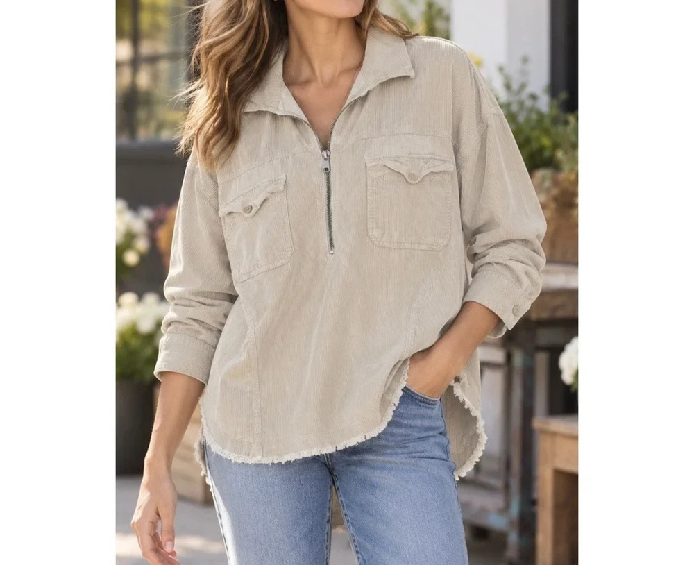 Aerie Offline Corduroy Shacket Womens Oversize XS Cream 1/2 Zip Pocket Pullover